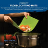 Flexible, dishwasher-safe, non-slip chopping mat used to transfer sliced vegetables into a cooking pot.