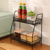 2-tier black metal spice rack for kitchen countertops, cabinets, and bathroom organization with storage for jars.
