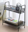 2 tier folding metal spice rack and desktop storage shelf for kitchen, bathroom, or office desk organization.
