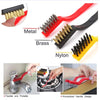 3-piece mini wire brush set with brass, nylon, and stainless steel bristles for stove, burner, and kitchen cleaning.