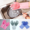 Reusable silicone magic dish washing gloves with built-in scrubbers for kitchen, bathroom, and car cleaning.