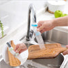 360 degree water saving tap, anti-splash fan faucet foam sprayer nozzle aerator rinsing a wooden cutting board.