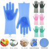 Reusable silicone dishwashing gloves with built-in scrubbers for cleaning kitchenware, fruit, and pet grooming.
