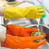 Waterproof kitchen dishwashing rubber gloves for house cleaning, shown washing dishes and rinsing grapes.
