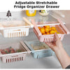 Large Expandable Fridge Storage Basket, adjustable sliding plastic drawer organizer for kitchen refrigerator food storage.