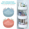 Plastic corner storage rack for bathroom and kitchen with seamless adhesive stickers for easy wall-mounted organization.