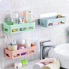Plastic bathroom kitchen organize shelf rack with wall mounted suction cup for shower and vanity storage.