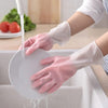 Pink silicone dishwashing gloves with built-in scrubber bristles for efficient kitchen cleaning and washing dishes.