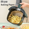 50-Piece air fryer disposable paper liners for non-stick, oil-proof baking in air fryer baskets with fries.