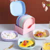10pcs eco-friendly colored plastic 6-inch bone dishes for snacks, cakes, and kitchen waste, organized in a holder.