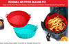 Reusable silicone air fryer tray liners and basket pots for easy oven cleaning and healthy baking.