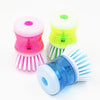 Pot dish plastic brushes with liquid soap detergent storage, colorful kitchen gadget wash tools for scrubbing plates.
