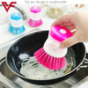 Pot dish plastic brush with liquid soap detergent storage for cleaning kitchen pans and cookware.