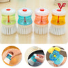 Pot dish plastic brush with liquid soap detergent storage, colorful kitchen cleaning gadget wash tool for pots and pans.