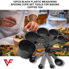 10-piece black plastic kitchen measuring cups and spoons set for baking, coffee, and precise cooking measurement.