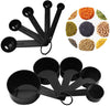 10-piece black plastic kitchen measuring cups and spoons set for precise baking, coffee, and cooking measurements.