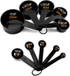 10-piece black plastic kitchen measuring cups and spoons set for precise baking, cooking, and coffee measurement.