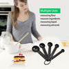 10-piece black plastic measuring spoon and cup set for baking, cooking, and coffee. Durable kitchen measuring tools.