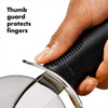 Professional stainless steel pizza cutter wheel with ergonomic handle and protective thumb guard for safe cutting.