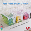 Pack of 3 plastic fridge organizer storage bins with lids and handles for fresh fruit and vegetable kitchen storage.