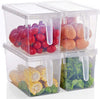 Pack of 3 plastic fridge organizer storage bins with lids and handles for fruits, vegetables, and kitchen food storage.