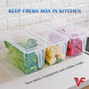 Stackable plastic kitchen fridge organizer containers with handles for fresh produce, vegetables, and fruit storage.