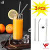 Pack of 3 stainless steel reusable bent drinking straws with cleaning brush, perfect for eco-friendly cocktails.