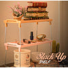 Stack Up foldable kitchen shelf with steel legs, 2-tier organizer for pantry, cupboard storage, and jar rack display.