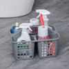 Portable plastic shower caddy basket with compartments for organized kitchen, bathroom, and cleaning product storage.