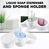 3-in-1 plastic dish soap dispenser and sponge holder caddy for kitchen sink and bathroom counter organization.