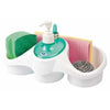 3-in-1 plastic dish soap dispenser and sponge holder caddy for kitchen sink and bathroom counter organization.