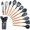 12-piece silicone kitchen utensil set with wooden handles, heat-resistant, BPA-free spatulas for nonstick cookware.