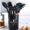 12-piece BPA-free silicone kitchen utensil set with wooden handles and storage holder for nonstick cookware.