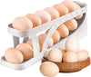 2-tier rolling egg dispenser and organizer for refrigerator storage, space-saving kitchen egg holder rack.