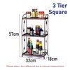 3-tier metal spice rack organizer for kitchen, bathroom, or office storage with folding design and shelving.