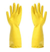 Yellow latex kitchen washing gloves with firm grip for household cleaning, durable pair of dishwashing gloves.