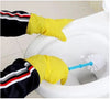 Yellow latex kitchen and household cleaning gloves with firm grip for scrubbing a toilet bowl.