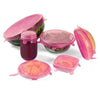 6 Pcs reusable silicone stretch lids for airtight food storage on bowls, jars, and cookware in pink.
