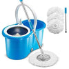 Easy Mop steel strainer with mop stick, blue bucket, and microfiber mop heads for efficient home floor cleaning.
