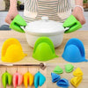 Silicone pot holder set in yellow, green, and blue for heat-resistant kitchen cooking and oven mitt safety.