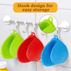 Silicone pot holder set in green, red, and blue with hook design for easy kitchen storage and heat-resistant grip.