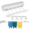 Retractable automatic clothesline wall-mounted laundry drying rack with four pull-out lines for indoor/outdoor use.