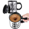 Stainless steel self stirring mug with automatic mixing function for coffee or tea, held in hand with lid.