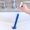 Sink drain cleaning brush with flexible long handle for clearing hair and debris from bathroom sink pipes.