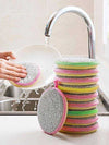 2 in 1 multicolor dishwashing scrub and sponge set for heavy-duty kitchen cleaning under a faucet.