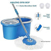 Easy Spin Mop with Plastic Stainer, featuring a height-adjustable pole, 360-degree mop head, and microfiber refills.