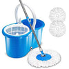 Easy Spin Mop with Plastic Stainer, bucket, and two microfiber mop heads for efficient home floor cleaning.