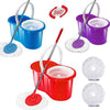 Easy Spin Mop with Plastic Stainer, 360-degree rotating floor cleaning system with bucket and microfiber mop heads.