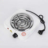 Single electric stove with compact white base, heating coil, and adjustable temperature control knob.