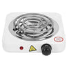 Single electric stove burner with white finish, compact design, and adjustable temperature control knob.